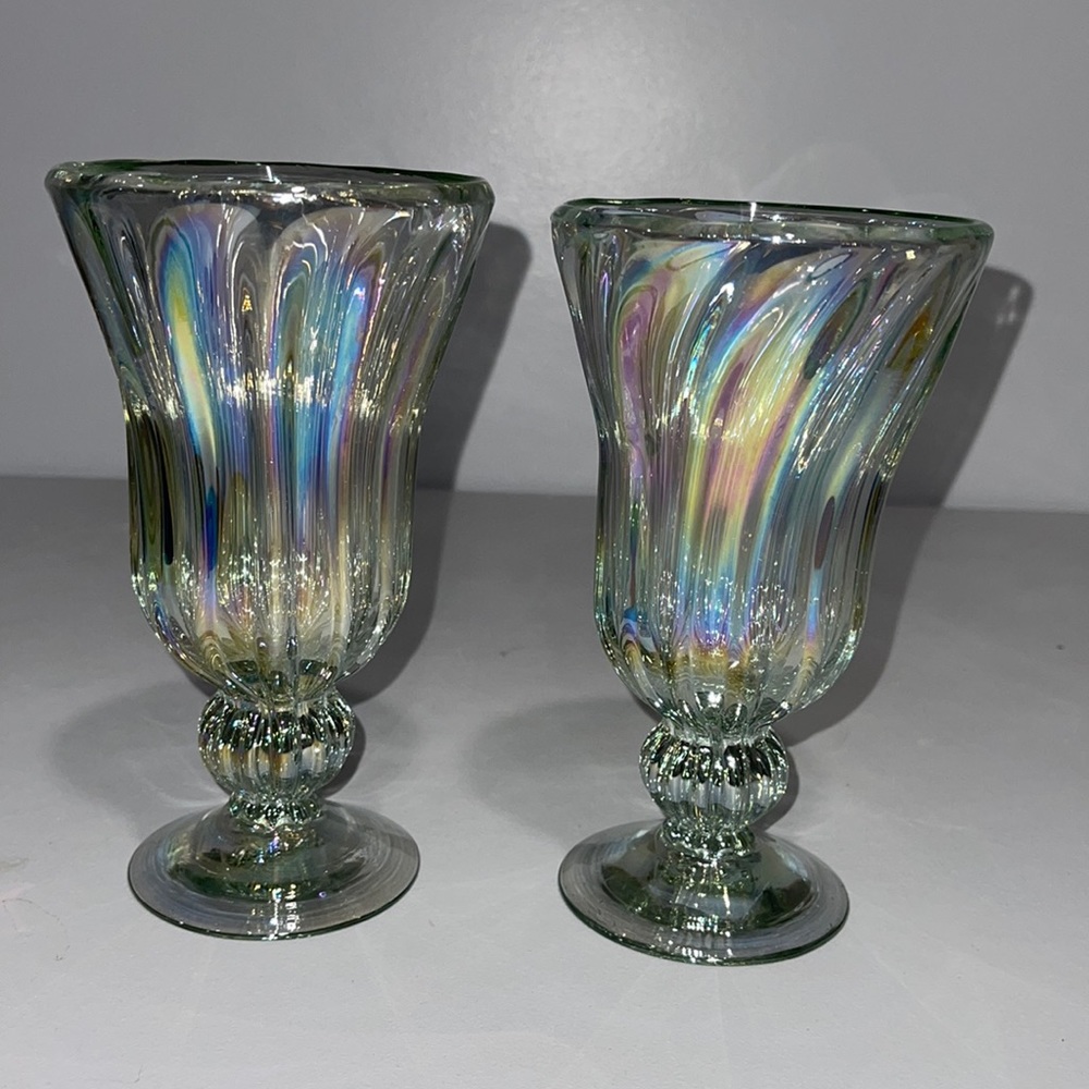 Hand-blown Iridescent Heavy ribbed Glasses set of 2 made in Mexico